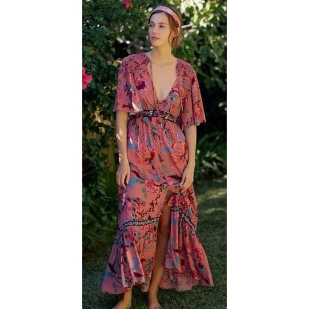 NWT by Anthropologie Floral V-Neck Ruffled Embroidered Boho Maxi Dress SP - Picture 8 of 13